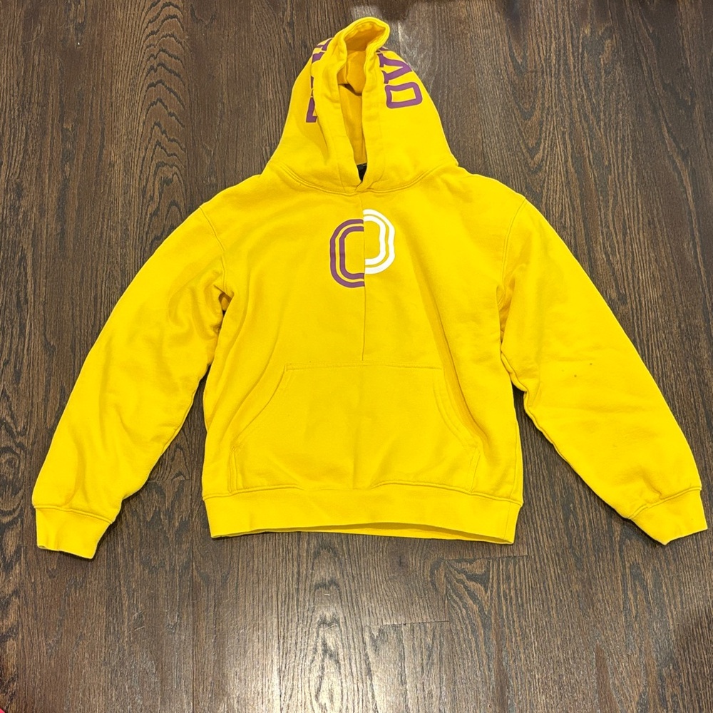 Overtime Boy’s Yellow Pullover Hoodie with Purple and White Logo Size Large